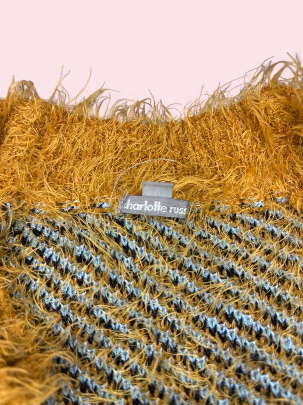 Charlotte Russe Mustard Fuzzy Floral Cardigan with Blue and Black Accents - Picture 8 of 8
